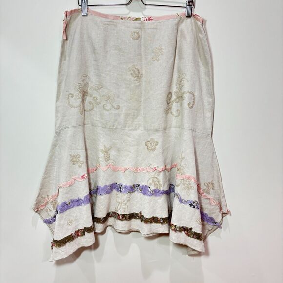 J Jill Linen Tan Skirt 18 Floral Embroidery 3D Ribbon Hanky Hem Cottagecore Boho - Picture 1 of 12